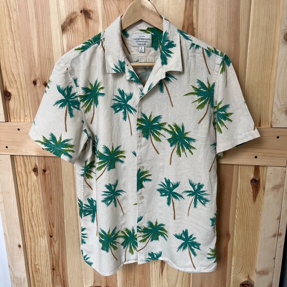 Lucky Brand Men's Linen Blend Green Palm Print Short Sleeve Shirt Size Small